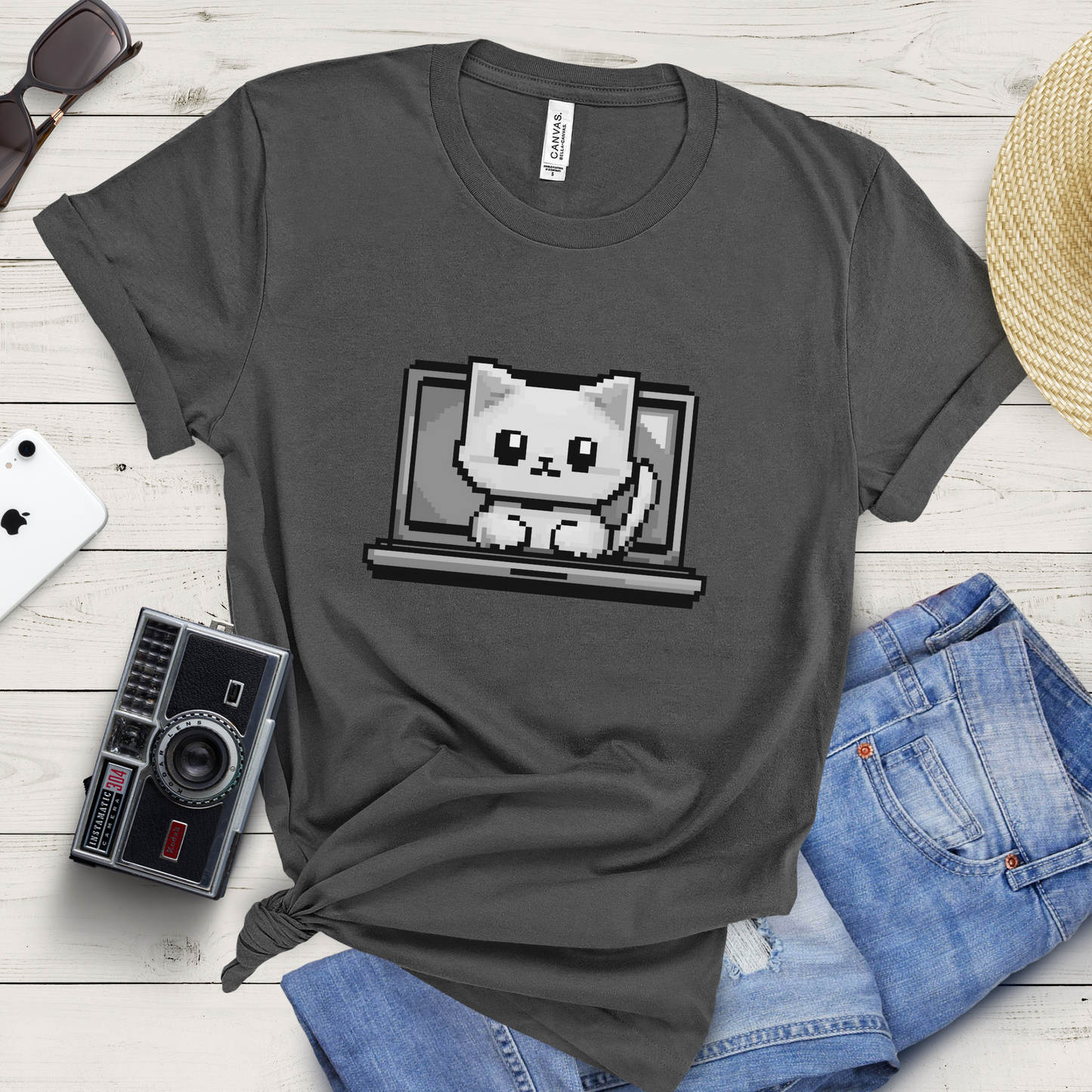 Pixel Laptop Cat T-Shirt