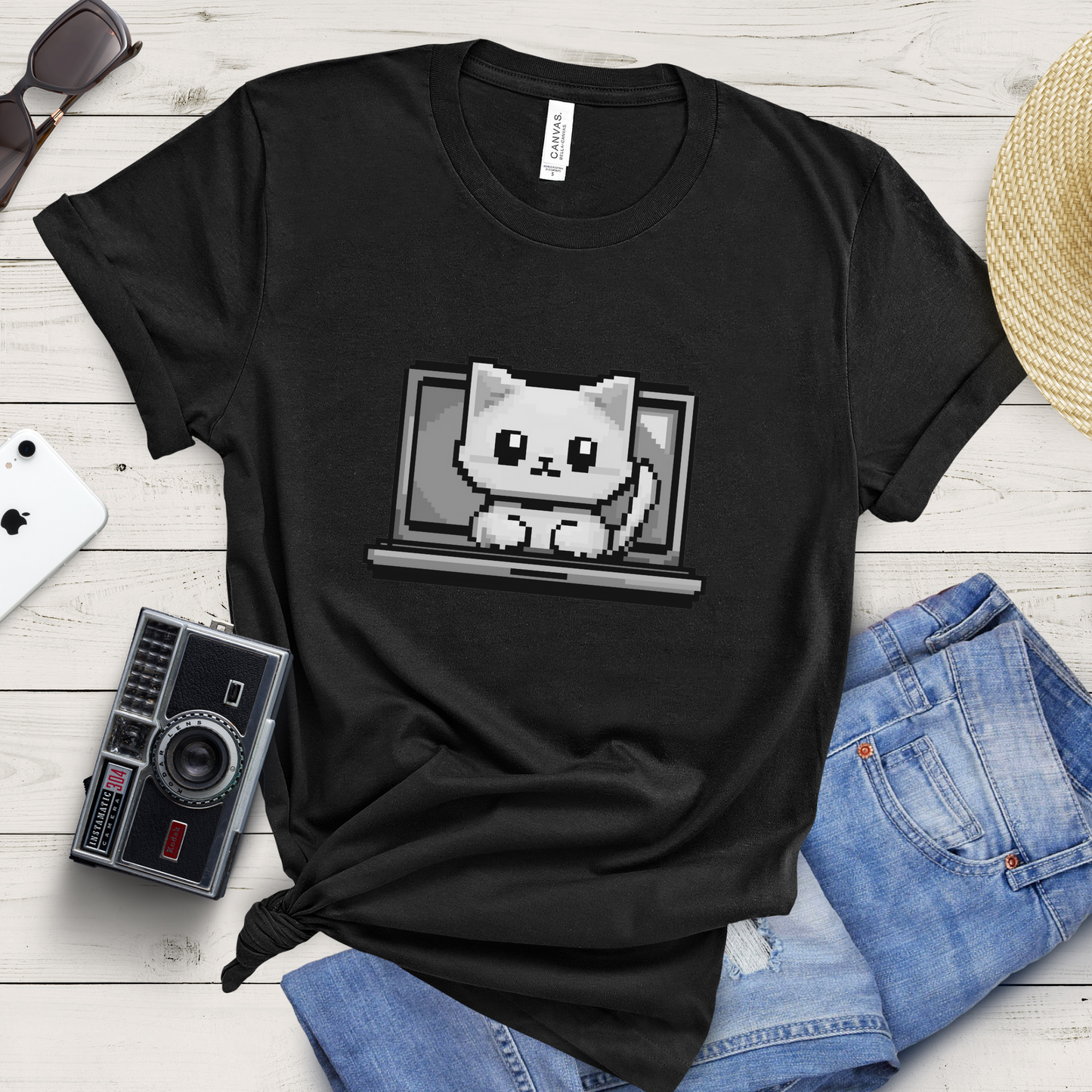 Pixel Laptop Cat T-Shirt