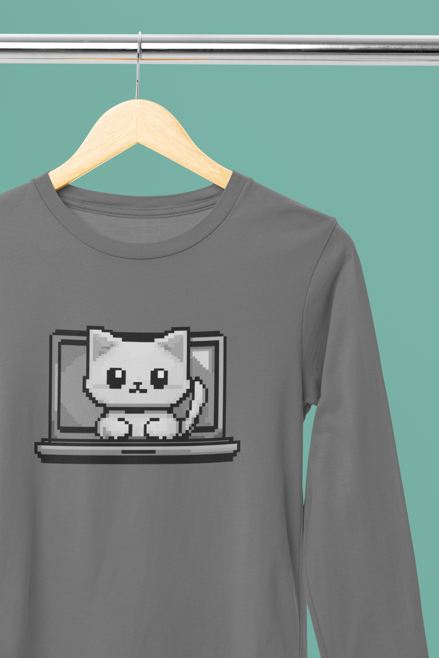 Pixel Laptop Cat Long Sleeve Tee