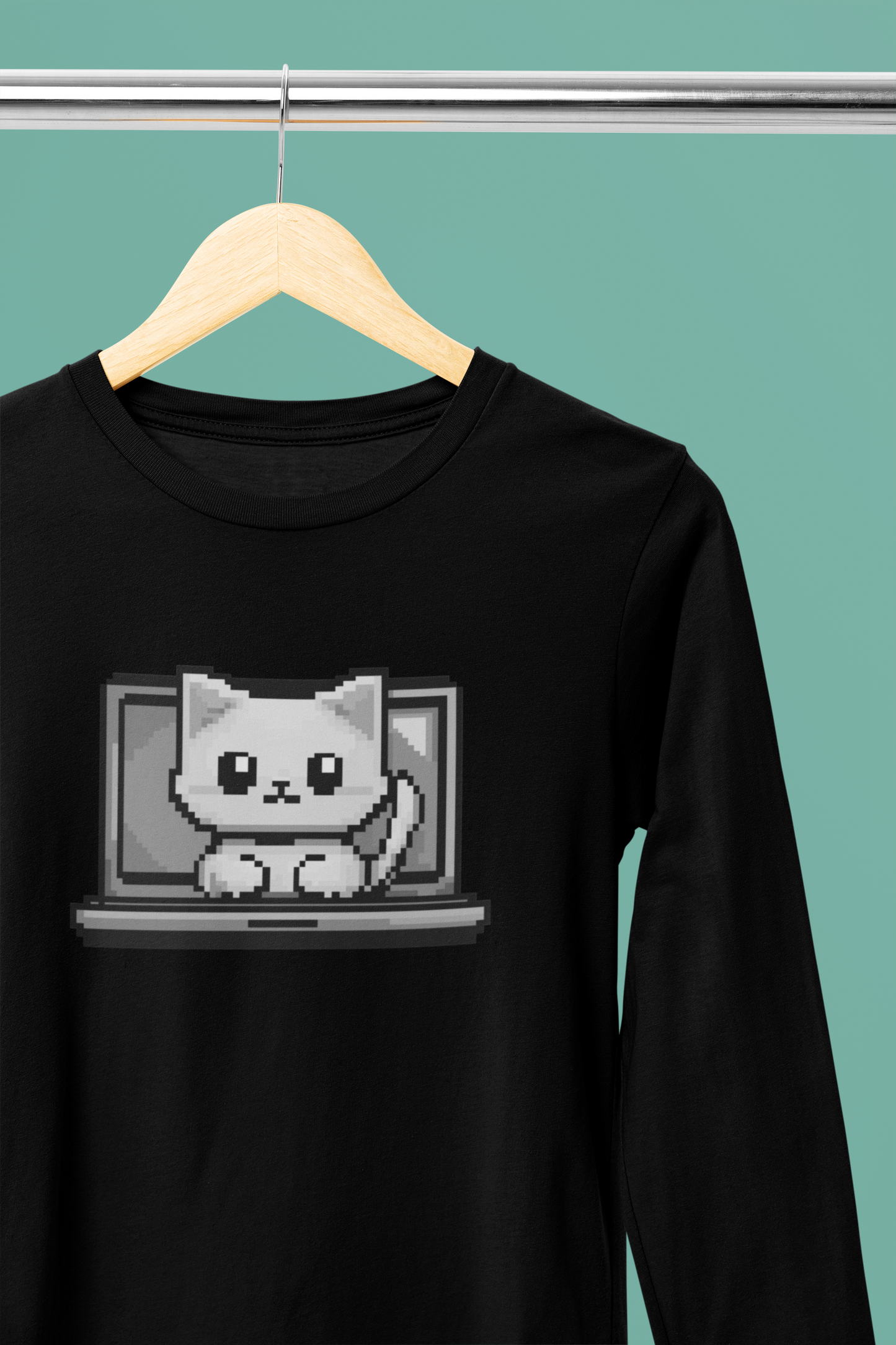 Pixel Laptop Cat Long Sleeve Tee