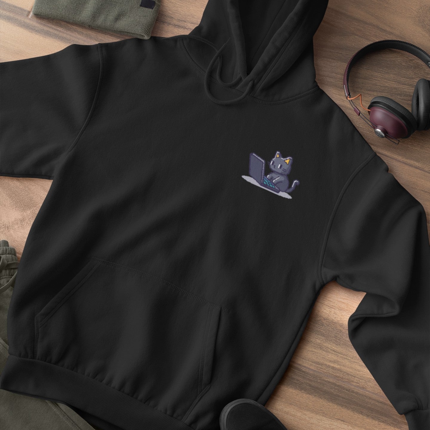 Pixel Coding Cat Pocket Style Hoodie