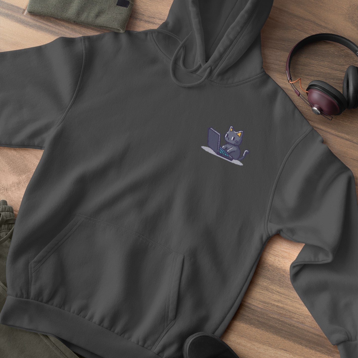 Pixel Coding Cat Pocket Style Hoodie