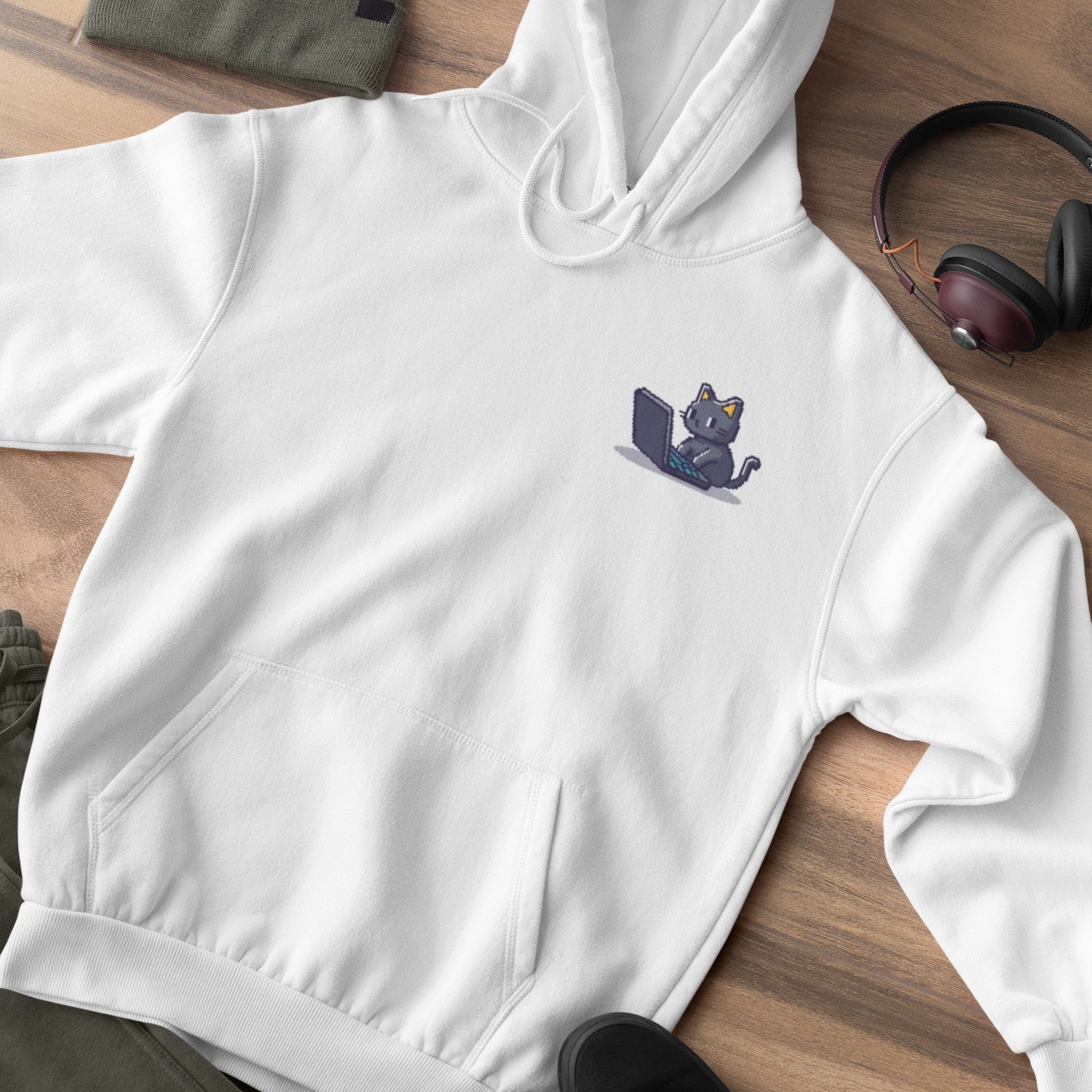Pixel Coding Cat Pocket Style Hoodie