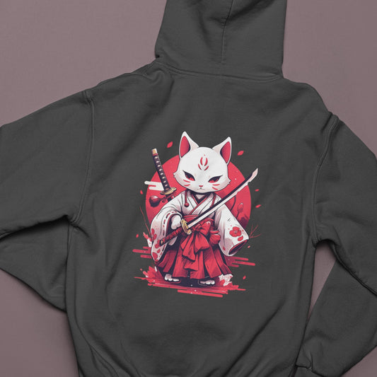 White Ronin Cat Zip Hoodie