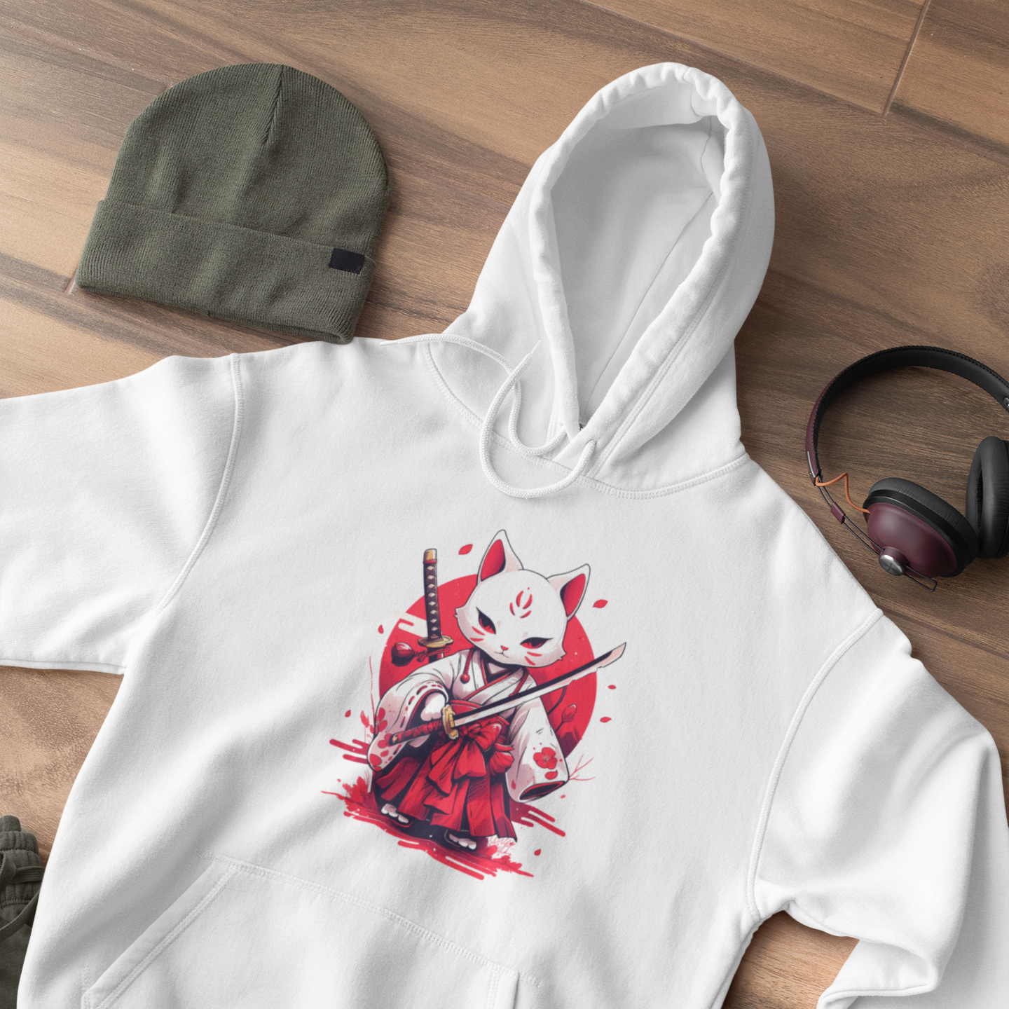 White Ronin Cat Hoodie