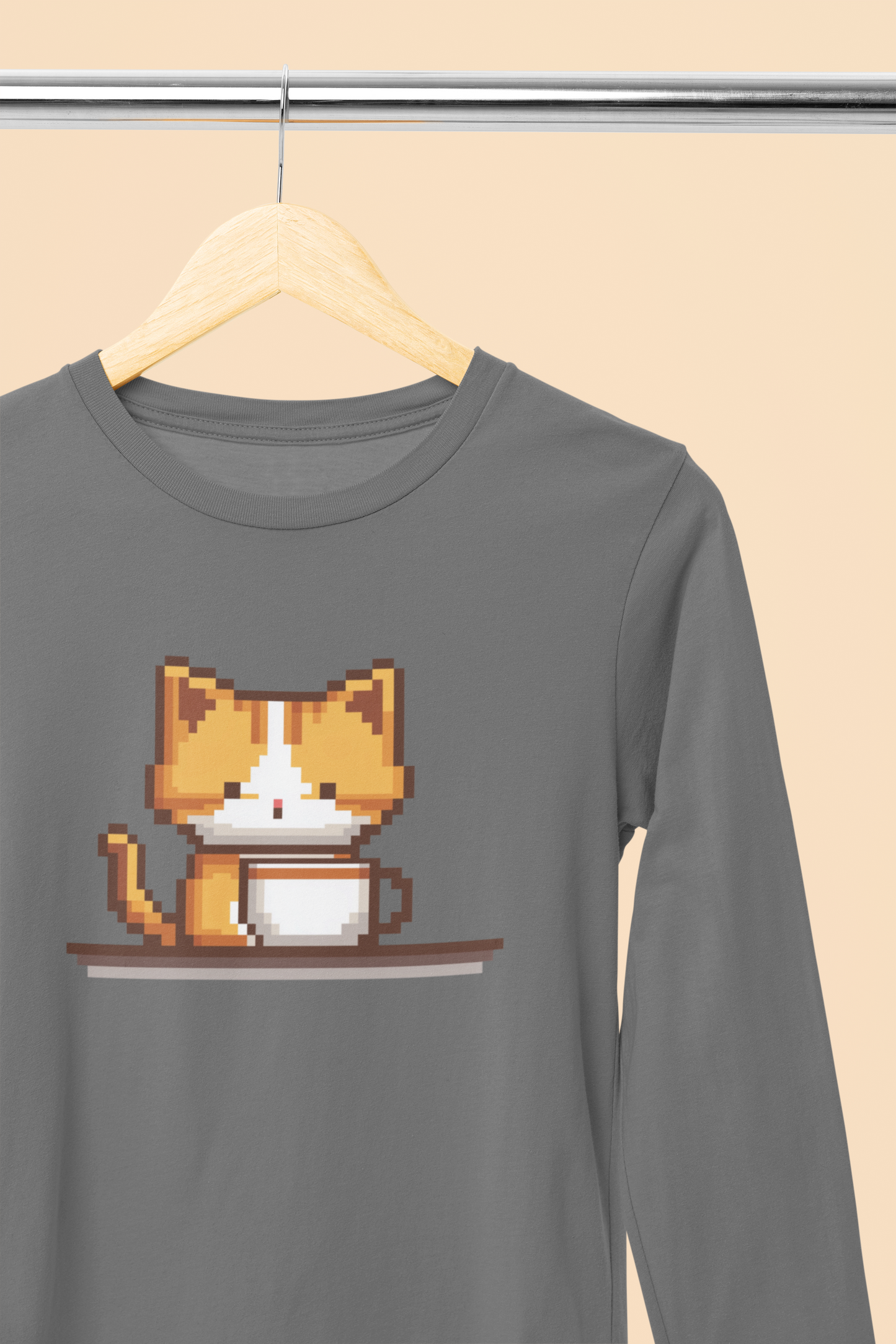 Kitty Coffee Pixel Long Sleeve Tee