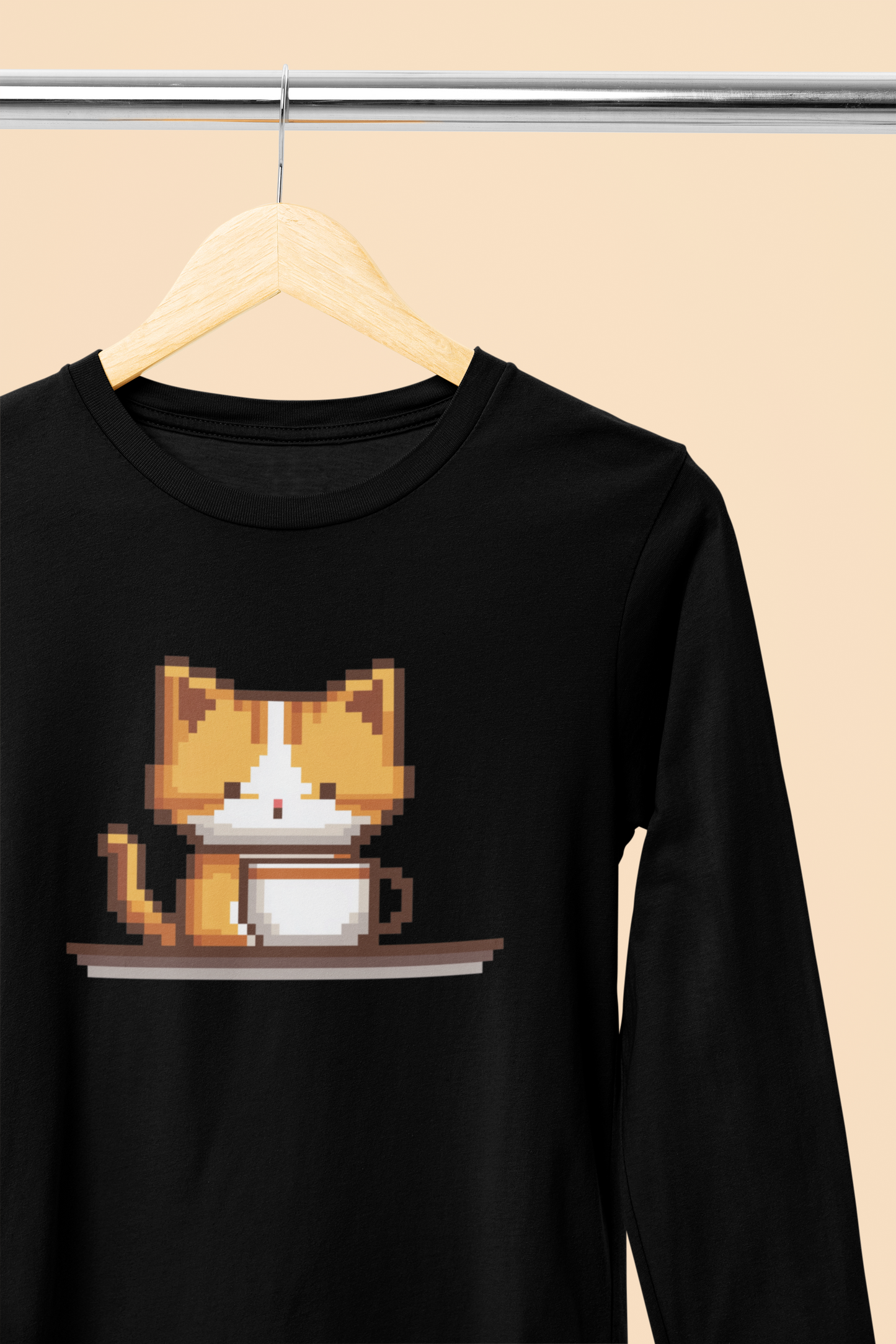Kitty Coffee Pixel Long Sleeve Tee