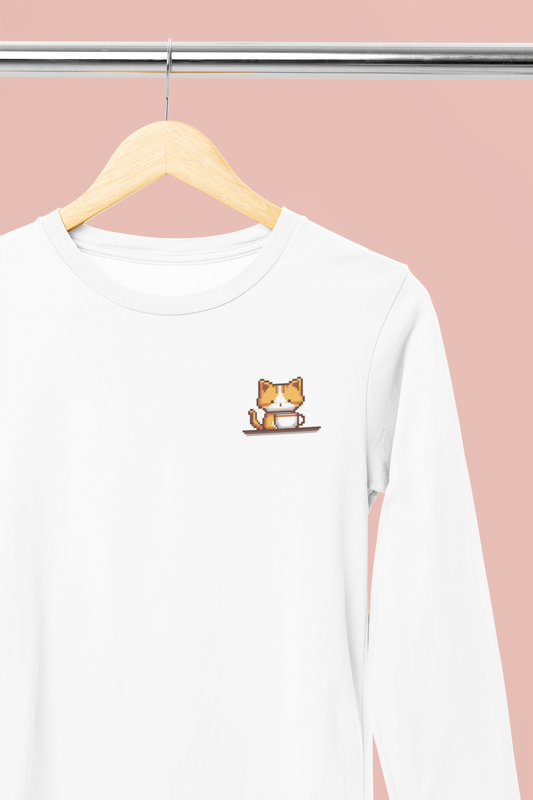 Kitty Coffee Pixel Pocket Style Long Sleeve Tee