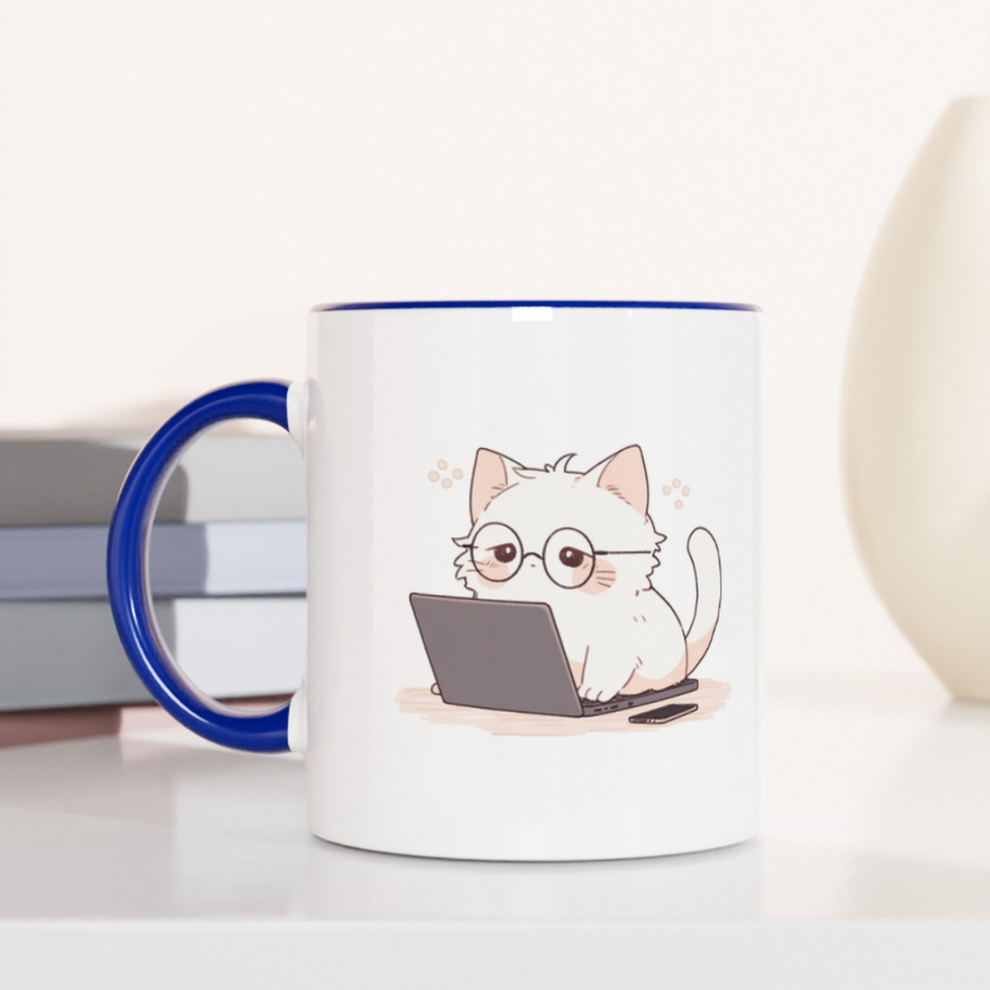 Nerd Neko: Cute Cat Working on Laptop 11oz Ceramic Two Tone Mug