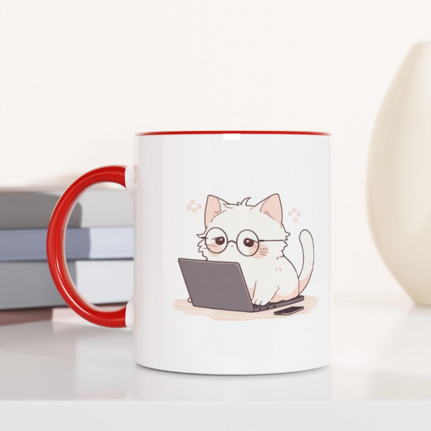 Nerd Neko: Cute Cat Working on Laptop 11oz Ceramic Two Tone Mug
