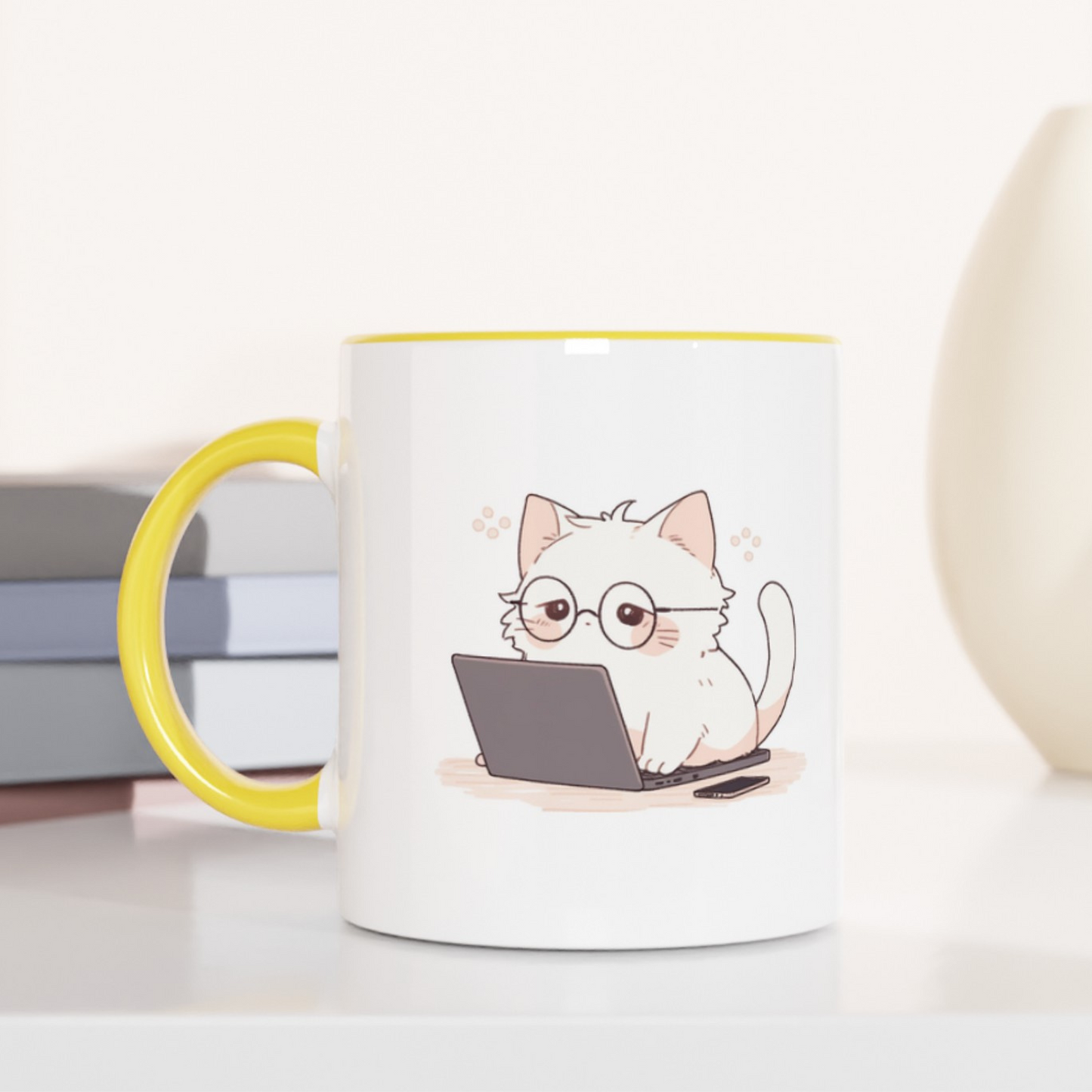 Nerd Neko: Cute Cat Working on Laptop 11oz Ceramic Two Tone Mug