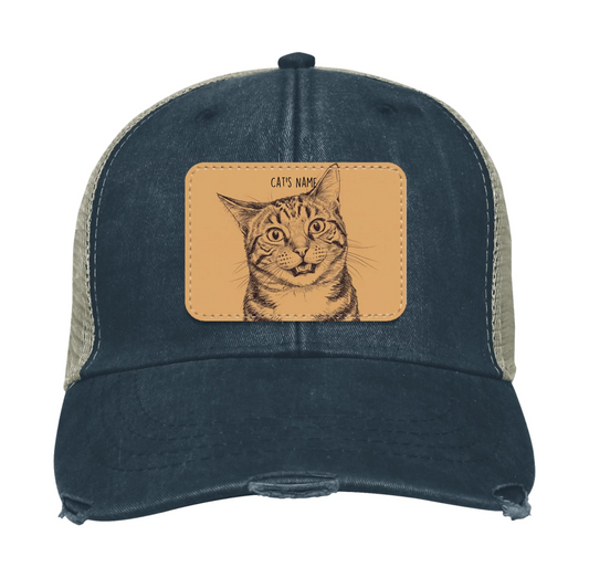 Custom Cat Portrait Trucker Hat | Personalized Vegan Leather Patch Cap from Your Photo