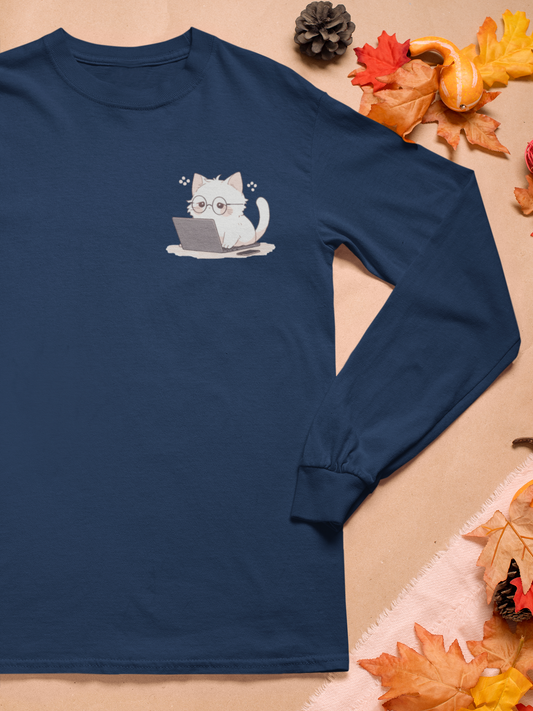 Nerd Neko: Cute Cat Working on Laptop Long Sleeve Tee