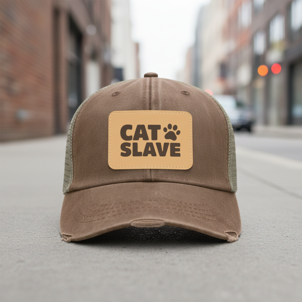 Cat Slave Trucker Hat | Funny Vegan Leather Patch Cap for Cat Lovers