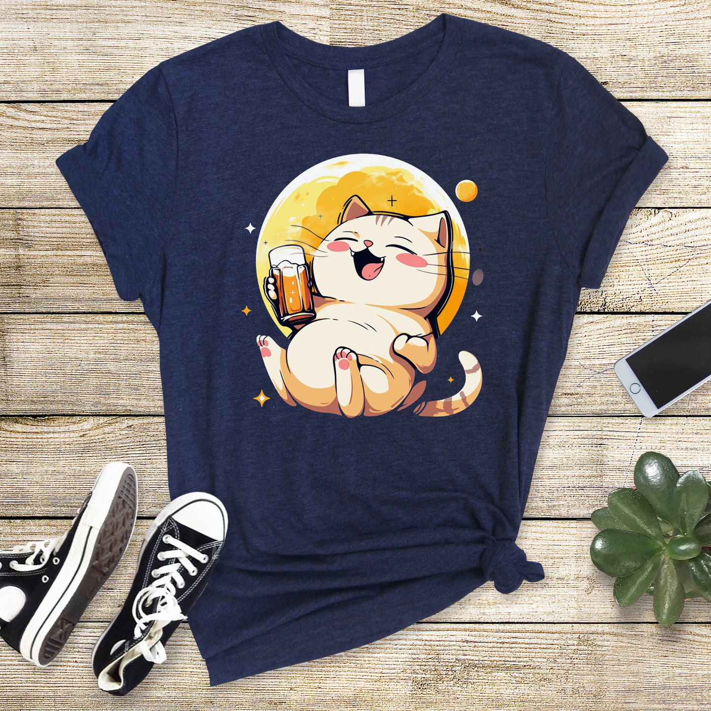 Fat Cat Beer Lover T-Shirt: Enjoying a Brew on the Crescent Moon