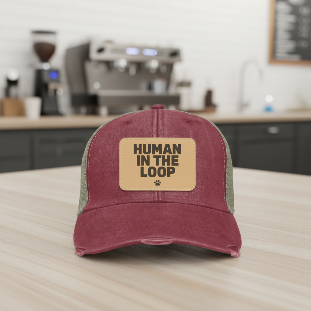 Human In The Loop Trucker Hat | Vegan Leather Patch Cap for AI-Era Developers
