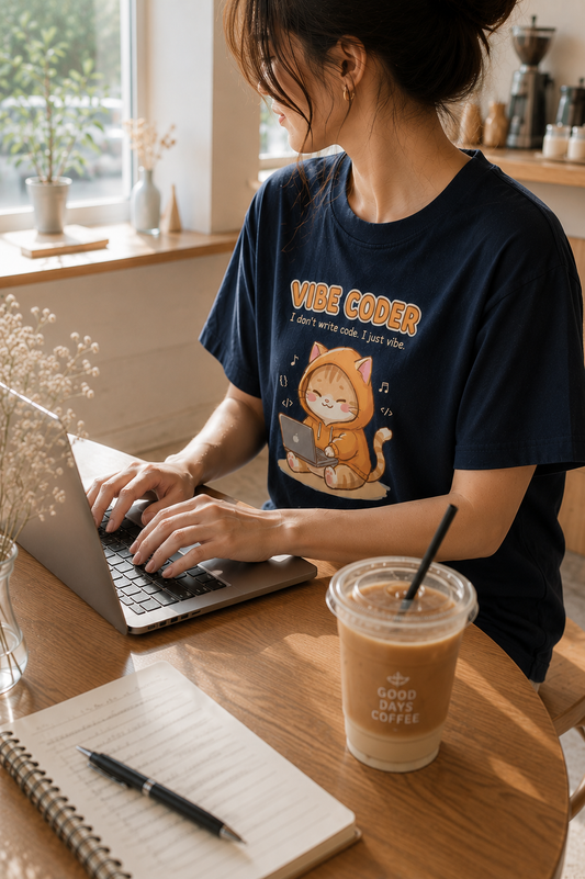 Orange Cat Vibe Coder T-Shirt - Funny Ginger Cat Coding Shirt