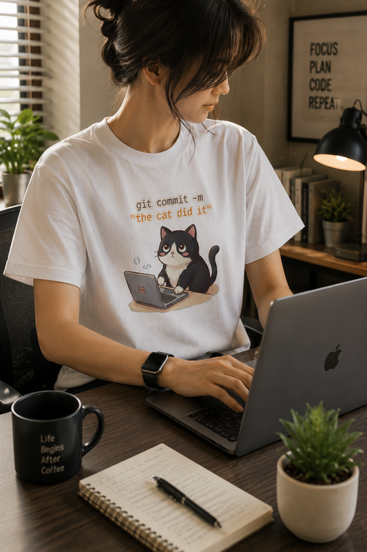 The Cat Did It Git Commit T-Shirt - Funny Programmer Shirt