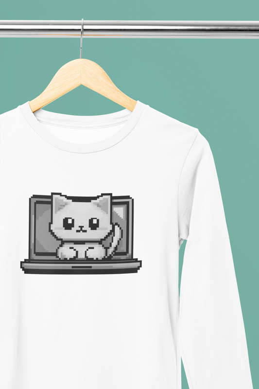 Pixel Laptop Cat Long Sleeve Tee