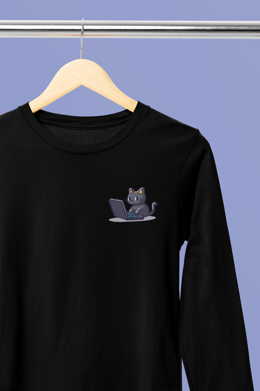 Pixel Coding Cat Pocket Style Long Sleeve Tee