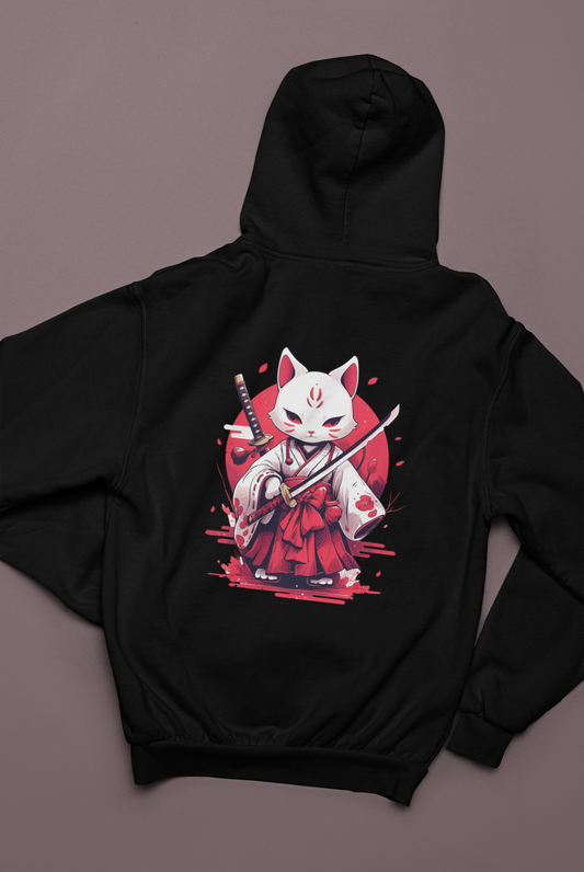 White Ronin Cat Zip Hoodie