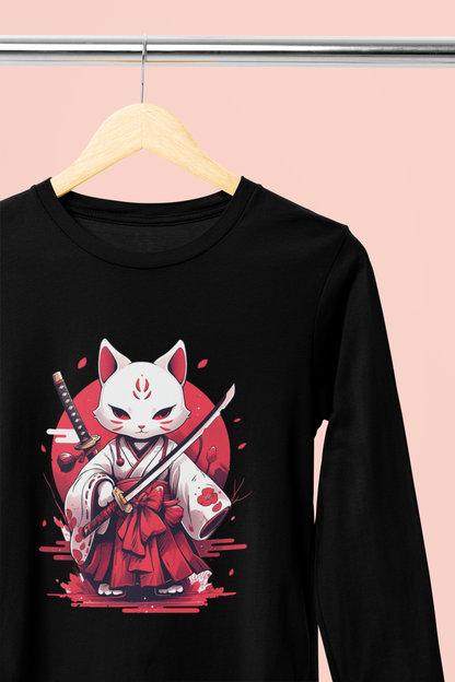 White Ronin Cat Long Sleeve Tee