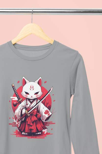 White Ronin Cat Long Sleeve Tee