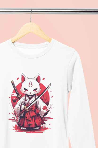 White Ronin Cat Long Sleeve Tee