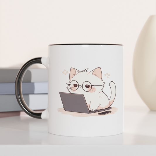 Nerd Neko: Cute Cat Working on Laptop 11oz Ceramic Two Tone Mug