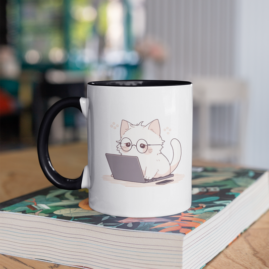 Nerd Neko: Cute Cat Working on Laptop 11oz Ceramic Two Tone Mug