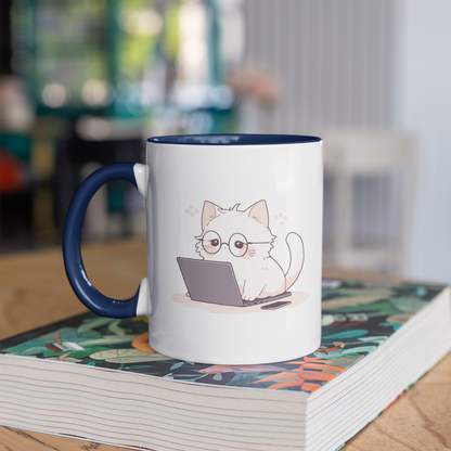 Nerd Neko: Cute Cat Working on Laptop 11oz Ceramic Two Tone Mug
