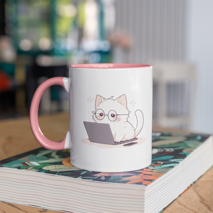 Nerd Neko: Cute Cat Working on Laptop 11oz Ceramic Two Tone Mug