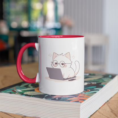 Nerd Neko: Cute Cat Working on Laptop 11oz Ceramic Two Tone Mug