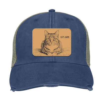 Custom Cat Portrait Trucker Hat | Personalized Vegan Leather Patch Cap from Your Photo