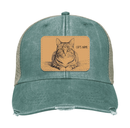 Custom Cat Portrait Trucker Hat | Personalized Vegan Leather Patch Cap from Your Photo