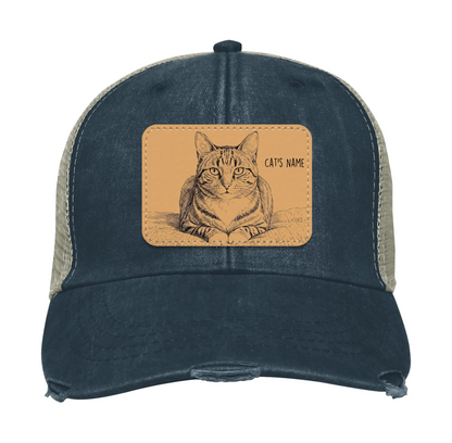 Custom Cat Portrait Trucker Hat | Personalized Vegan Leather Patch Cap from Your Photo