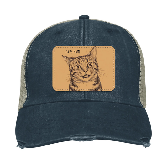 Custom Cat Portrait Trucker Hat | Personalized Vegan Leather Patch Cap from Your Photo