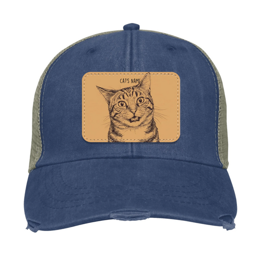 Custom Cat Portrait Trucker Hat | Personalized Vegan Leather Patch Cap from Your Photo