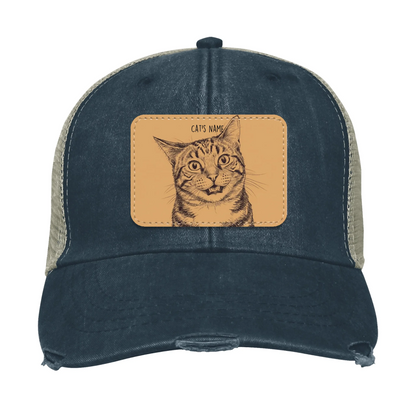 Custom Cat Portrait Trucker Hat | Personalized Vegan Leather Patch Cap from Your Photo