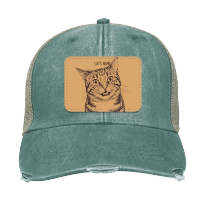 Custom Cat Portrait Trucker Hat | Personalized Vegan Leather Patch Cap from Your Photo