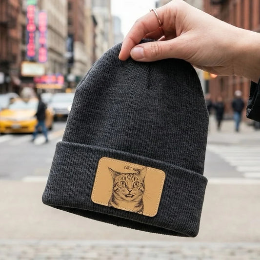 Custom Cat Portrait Beanie | Personalized Vegan Leather Patch Knit Hat from Your Photo