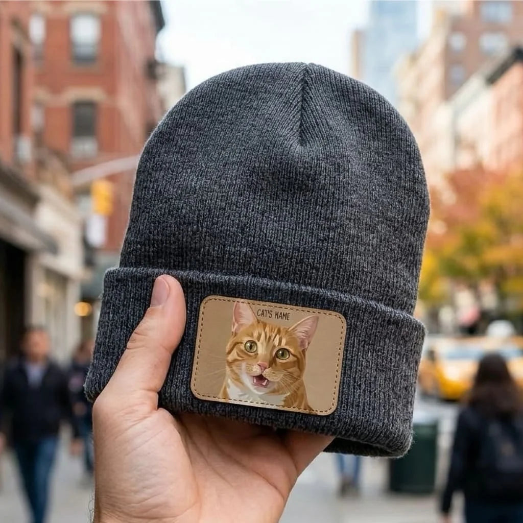 Custom Painted Cat Portrait Beanie | Personalized Pet Patch Knit Hat from Your Photo
