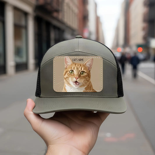 Custom Painted Cat Portrait 7-Panel Cap | Personalized Pet Patch Trucker Hat from Your Photo
