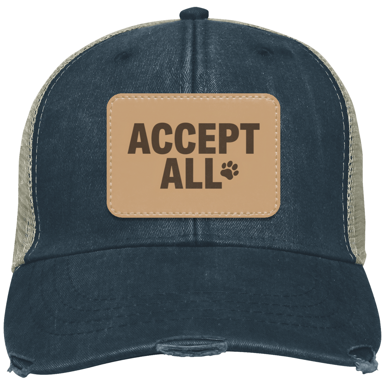 Navy: Accept All trucker cap in navy with stitched tan leather patch for AI-era programmers