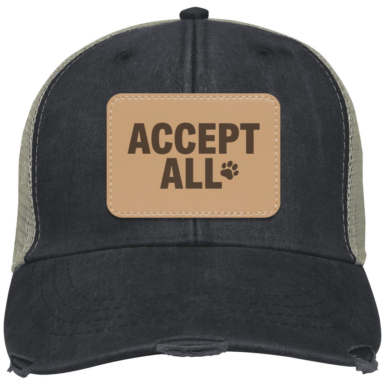 Black: Accept All distressed trucker hat in black with tan vegan leather patch and cat paw, AI developer humor