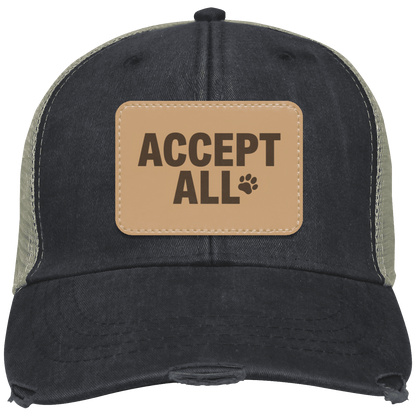 Black: Accept All distressed trucker hat in black with tan vegan leather patch and cat paw, AI developer humor