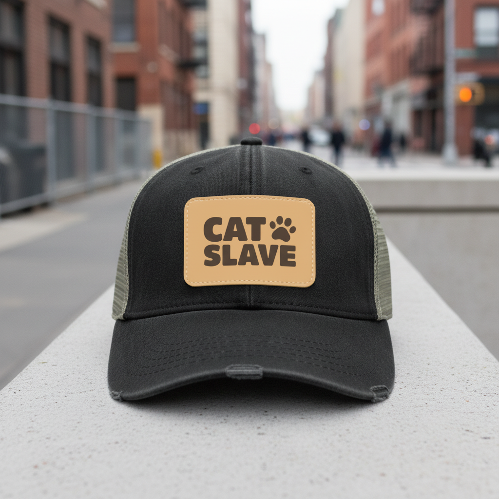 Cat Slave Trucker Hat | Funny Vegan Leather Patch Cap for Cat Lovers