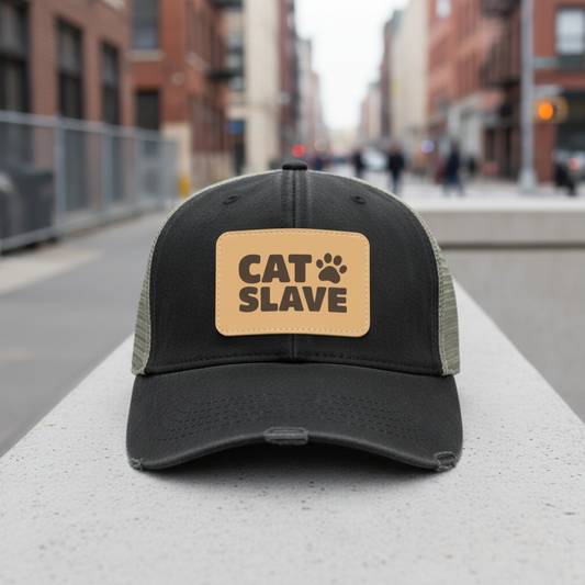 Cat Slave Trucker Hat | Funny Vegan Leather Patch Cap for Cat Lovers