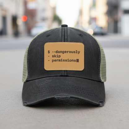Black: Dangerously Skip Permissions terminal patch trucker hat in black, funny developer command line humor
