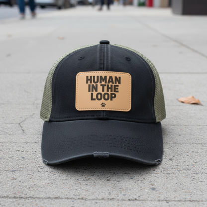 Human In The Loop Trucker Hat | Vegan Leather Patch Cap for AI-Era Developers